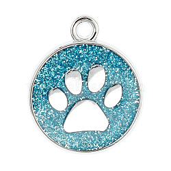 Enamel Charms, with Platinum Plated Alloy Findings and Glitter Powder, Flat Round with Dog Paw Prints, Sky Blue, 23x19x2.1mm, Hole: 2.1mm(ENAM-CJC0001-02E)