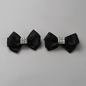 Detachable Polyester Bowknot Shoe Decoration, with  Rhinestone, Black, 55~57x89~90x17mm