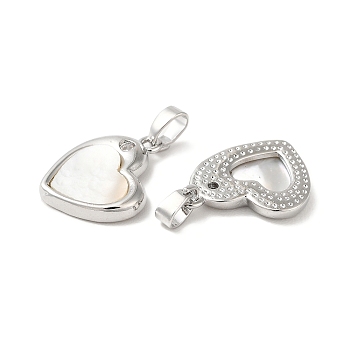 Natural White Shell Heart Pendants, Brass Love Heart Charms, Platinum, 16x13x2.5mm, Hole: 5x3mm