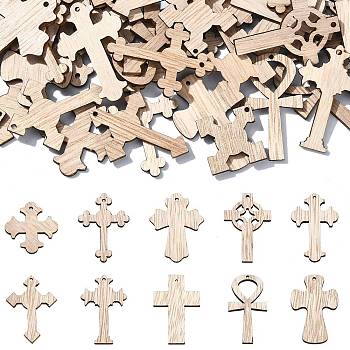 Unfinished Wood Pendants, DIY Craft Supplies, Cross, Floral White, 2.9~3.95x2.6~3x0.25cm, Hole: 1.4~1.8mm, about 100pcs/set