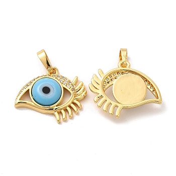 Rack Plating Brass Micro Pave Clear Cubic Zirconia Pendants, with Handmade Evil Eye Lampwork, Cadmium Free & Lead Free, Long-Lasting Real 18K Gold Plated, Eye Charm, Light Sky Blue, 17x19.5x5mm, Hole: 6x3mm