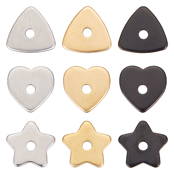 72Pcs 9 Style 304 Stainless Steel Beads, Triangle/Star/Heart, Mixed Color, 8x8x1mm, Hole: 1.5mm, 8pcs/style