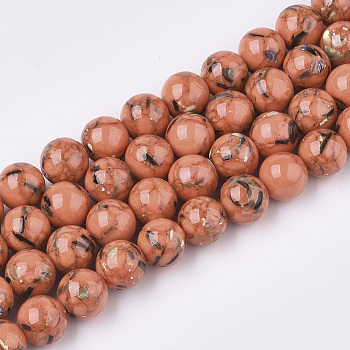 Assembled Synthetic Turquoise and Shell Beads Strands, Dyed, Round, Coral, 10mm, Hole: 1mm, about 40pcs/strand, 15.7 inch