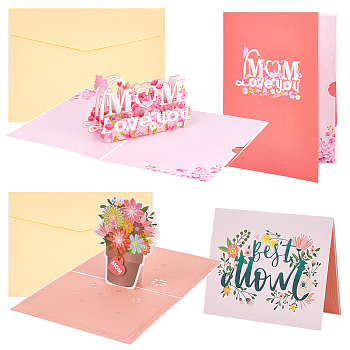 AHANDMAKER 2 Sets 2 Styles Mother's Day 3D Pop Up Paper Greeting Card for Birthday Day, with Envelope, Rectangle, Mixed Shapes, 130~200x150~156x1~2.5mm, 1 set/style