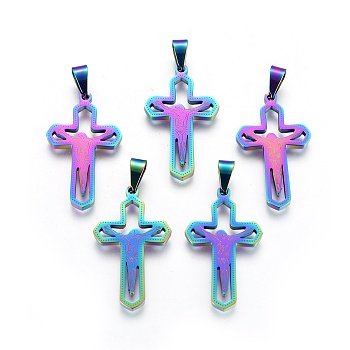 Ion Plating(IP) 304 Stainless Steel Pendants, For Easter, Crucifix Cross, Rainbow Color, 32x19x2mm, Hole: 3x7mm