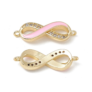 Brass Micro Pave Clear Cubic Zirconia Connector Charms, with Enamel, Real 18K Gold Plated, Infinity Links, Pink, 25x8.5x2.5mm, Hole: 1.2mm
