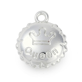 Rack Plating Alloy Pendants, Lead Free & Cadmium Free,  Round with The Word Queen, Silver, 13.5x11.5x5mm, Hole: 1.4mm