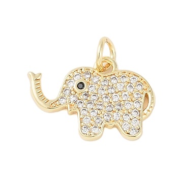 Rack Plating Brass Cubic Zirconia Pendants, with Jump Ring, Long-Lasting Plated, Lead Free & Cadmium Free, Elephant Charm, Real 18K Gold Plated, 12.5x17.5x1.5mm, Hole: 3mm