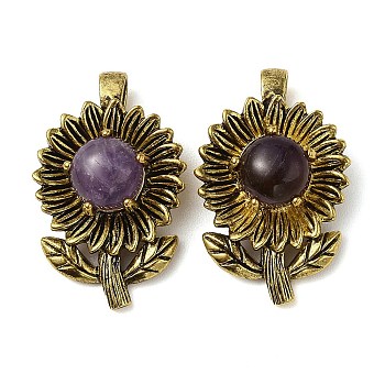 Natural Amethyst Pendants, with Rack Plating Antique Golden Tone Brass Findings, Cadmium Free & Lead Free, Flower Charms, 34x22x15mm, Hole: 8x4.5mm
