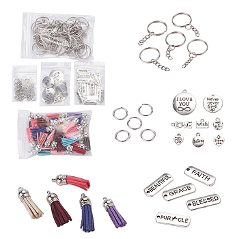 DIY Keychain Making Kit, Including Inspirational Message Alloy Pendants, Faux Suede Tassel Pendant Decorations with CCB Plastic Cord Ends, Iron Open Jump Rings, Split Key Rings, Antique Silver & Platinum, Faux Suede Tassel Pendant: 35pcs/bag
