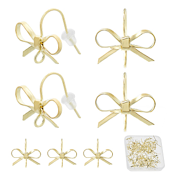 40Pcs Bowknot Shape Brass Earring Hooks, Bowknot Ear Wire, with Vertical Loops, 50Pcs Plastic Ear Nuts, Golden, 22 Gauge, 16x15mm, Hole: 2mm, Pin: 0.6mm