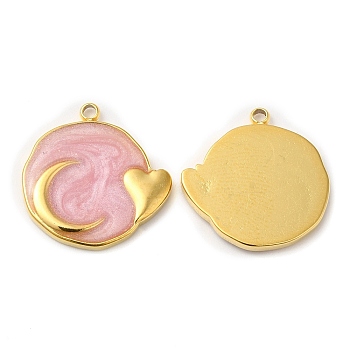 Real 18K Gold Plated 304 Stainless Steel Pendants, with Enamel, Flat Round with Moon & Heart Charm, Pearl Pink, 17.5x17x2mm, Hole: 1.4mm