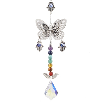 Natural Mixed Stone Pendant Decorations, with Alloy Findings, Butterfly, Antique Silver & Platinum, 257mm