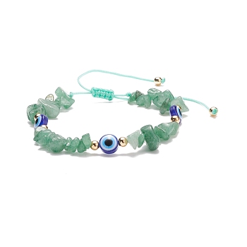 Natural Green Aventurine Chips & Resin Evil Eye Braided Bead Bracelet, Gemstone Adjustable Bracelet for Women, Inner Diameter: 2~3-1/2 inch(5~9cm)