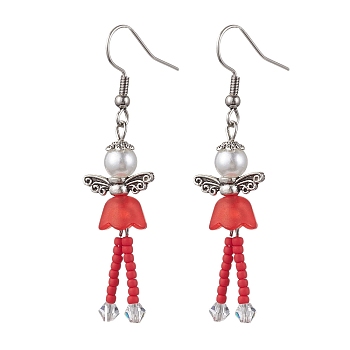 304 Stainless Steel Fairy Dangle Earrings, Glass Seed & Acrylic Pearl Long Drop Earrings, Red, 55.5x14mm