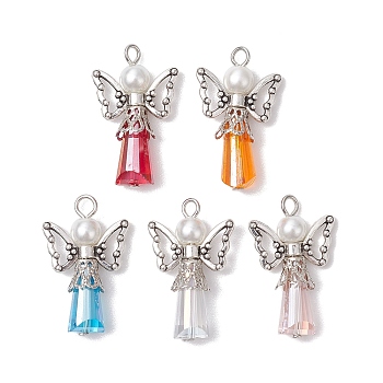 Glass & Alloy Pendants, with Iron Findings & Plastic Pearl, Angel, Mixed Color, 29~30x18x7~8mm, Hole: 2.5mm