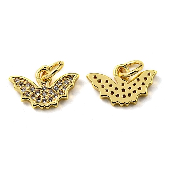 Rack Plating Brass Micro Pave Cubic Zirconia Charms, with Jump Ring, Bat, Real 18K Gold Plated, 8.5x13x1.5mm, Hole: 3.2mm