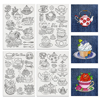 4 Sheets 11.6x8.2 Inch Stick and Stitch Embroidery Patterns, Non-woven Fabrics Water Soluble Embroidery Stabilizers, Afternoon Tea, 297x210mmm