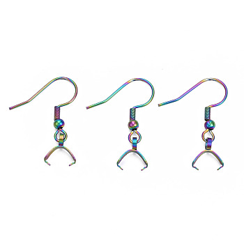 Ion Plating(IP) 304 Stainless Steel Hooks, Ear Wire, with Ice Pick Pinch Bails, Rainbow Color, 19x26~28mm, 21 Gauge, Pin: 0.7mm