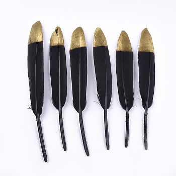 Goose Feather Costume Accessories, Dyed, Spray Gold Color, Black, 128~165x17~25mm, about 100pcs/bag