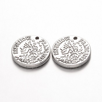 CCB Plastic Pendants, Flat Round with Words, Antique Silver, 17x3mm, Hole: 2mm