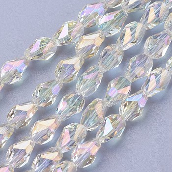 Electroplate Glass Beads Strands, Full Rainbow Plated, teardrop, Faceted, Clear, 8.5x6x6mm, Hole: 1mm, 21.2~23.2 inch(54~59cm), 65~70pcs/strand