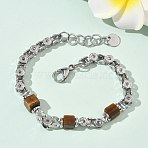 Natural Tiger Eye Link Chain Bracelets for Women, Cube, with 201 Stainless Steel and 304 Stainless Steel Findings, 7-1/2 inch(19.2cm)(BJEW-Z148-06P-03)