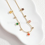 304 Stainless Steel Rhinestone Star Pendant Necklaces for Women, Golden, Colorful, 16.30 inch(41.4cm)(NJEW-T021-02G)