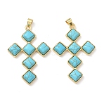Dyed Synthetic Turquoise Rhombus Cross Pendants, with Brass Settings, Real 18K Gold Plated, 42x29x5mm, Hole: 4.5x3.5mm(KK-P330-10G)