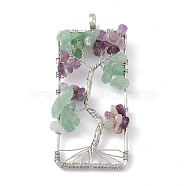 Rectangle Natural Green Aventurine & Amethyst Copper Wire Wrapped Chip Big Pendants, Tree of Life Charm, with Platinum Tone Iron Findings, 68x31x2mm, Hole: 6.2mm(G-E195-09P-01)