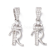 Eco-Friendly Brass Micro Pave Cubic Zirconia Pendants, Long-Lasting Plated, Real Platinum Plated, Cadmium Free & Lead Free, Letter, Letter.R, 16~20x7~11.5x1.5~2.2mm, Hole: 6.5x3.5mm(KK-K265-01P-R)