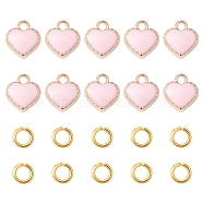 Heart Alloy Enamel Charms, with Brass Open Jump Rings, Pink, Charms: 8x7.5x2.5mm, hole: 1.5mm, 10pcs; Jump Rings: 20 Gauge, 4x0.8mm, Inner Diameter: 2.4mm, 10pcs(ENAM-YW0002-85C)