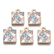 Alloy Pendants, with Enamel,  Square with Check Pattern, Lead Free, Light Gold, Orchid, 16x12x1.5mm, Hole: 1.6mm(RESI-R431-02B-LF)