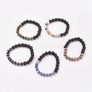 Natural & Synthetic Mixed Stone & Lava Rock Stretch Bracelets, with Iron Beads, Stainless Steel Bead Spacer, 2 inch(52mm)(BJEW-JB03072)