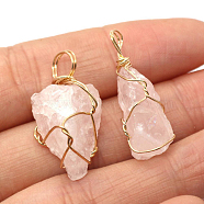 Raw Rough Natural Rose Quartz Pendants, Nuggets Charms with Golden Plated Copper Wire Wrapped, 18~30x12~22mm(FIND-PW0020-04E)
