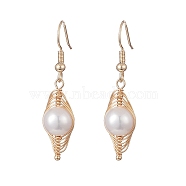 Natural Pearl Dangle Earrings, Golden Copper Wire Wrap Jewelry for Women, WhiteSmoke, 42mm, Pin: 0.6mm(EJEW-JE05261)