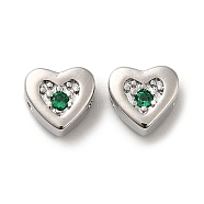 Real Platinum Plated Brass Beads, with Glass, Heart, Dark Green, 7x7.5x3.5mm, Hole: 1mm(KK-H455-09P-03)