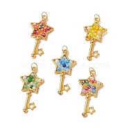 Glass Pendants, with Brass Open Back Bezel Pendants Finding, Key with Star Charms, Mixed Color, 39.5x19.5x3~4mm, Hole: 4.6mm(PALLOY-JF02020)