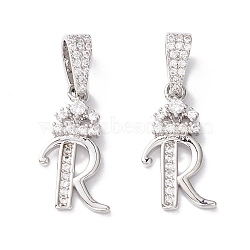 Eco-Friendly Brass Micro Pave Cubic Zirconia Pendants, Long-Lasting Plated, Real Platinum Plated, Cadmium Free & Lead Free, Letter, Letter.R, 16~20x7~11.5x1.5~2.2mm, Hole: 6.5x3.5mm(KK-K265-01P-R)