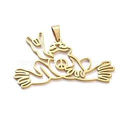 304 Stainless Steel Pendants, Laser Cut, Hollow Peace Frog Charms, Real 18K Gold Plated, 23x39.5x1mm, Hole: 3x4.5mm(STAS-G329-02G)