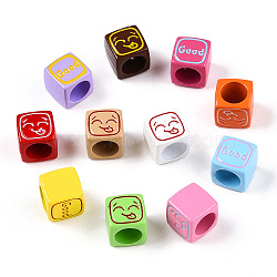 Spray Painted Alloy Beads, with Enamel, Large Hole Beads, Cube with Word Good & Expression, Mixed Color, 10x10x10mm, Hole: 6.5mm(FIND-N005-59)