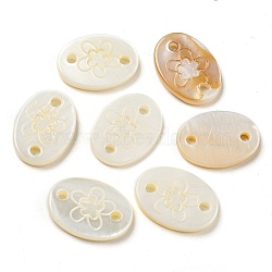 Natural Freshwater Shell Connector Charms, Oval Links with Flower, WhiteSmoke, 10x13.5x2mm, Hole: 1.5mm(SHEL-Q026-01)