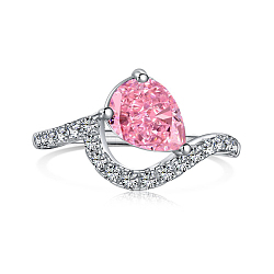 Real Platinum Plated Rhodium Plated 925 Sterling Silver Birthstone Rings, Cubic Zirconia Teardrop Finger Ring, Pink, 1.8mm,US Size 7(17.3mm)(RJEW-F150-74B-02P)