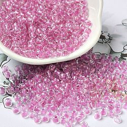 6/0 Transparent Colours Glass Seed Beads, Rondelle, Flamingo, 4x3mm, Hole: 1.4mm, about 7500pcs/pound(SEED-P006-01A-11)