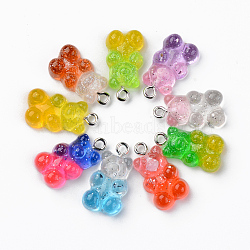 Transparent Resin Pendants, with Glitter Powder and Platinum Tone Iron Loop, Bear, Mixed Color, 21x11x7mm, Hole: 1.8mm(RESI-R429-31)