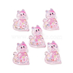 Transparent Resin Bowknot Kitten Decoden Cabochons, Cat Shape with Glitter Powder, Pink, 28x20x7mm(RESI-M045-07A)