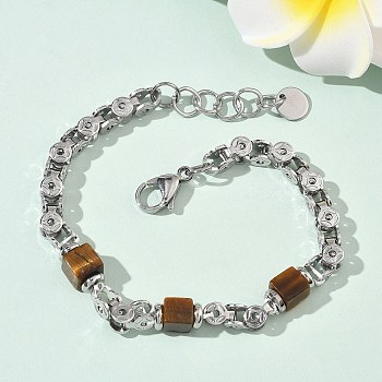 Natural Tiger Eye Link Chain Bracelets for Women, Cube, with 201 Stainless Steel and 304 Stainless Steel Findings, 7-1/2 inch(19.2cm)