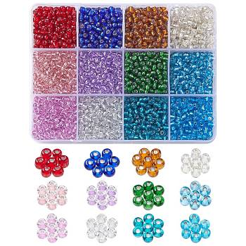 3456Pcs 12 Colors Transparent Glass Seed Beads, Silver Lined, Round, Mixed Color, 4x3mm, Hole: 1.2mm, 288pcs/color