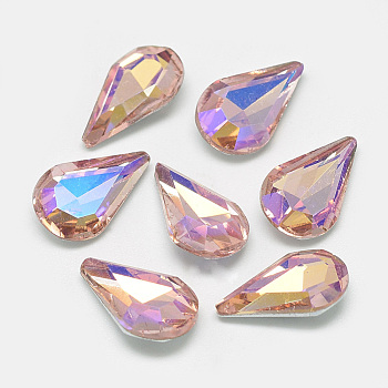 Pointed Back Glass Rhinestone Cabochons, Back Plated, Faceted, AB Color Plated, teardrop, Dark Salmon, 13x8x4mm
