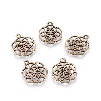 Tibetan Style Flower Alloy Pendants, Seed of Life/Sacred Geometry, Cadmium Free & Nickel Free & Lead Free, Antique Bronze, 25x20x1mm, Hole: 2mm, about 690pcs/1000g